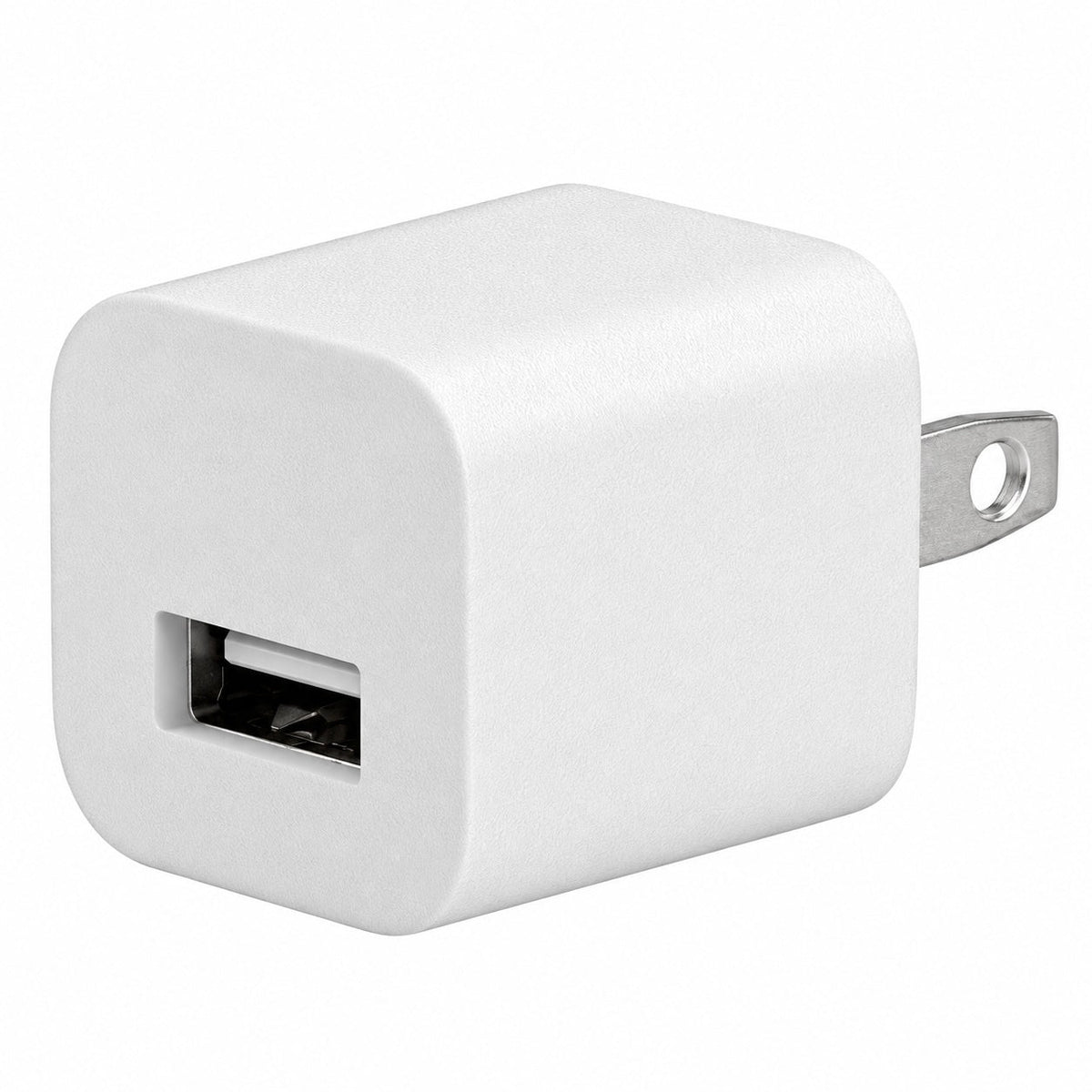 White 5V 1A USB wall charger adapter cube with a single USB port and US two-prong plug